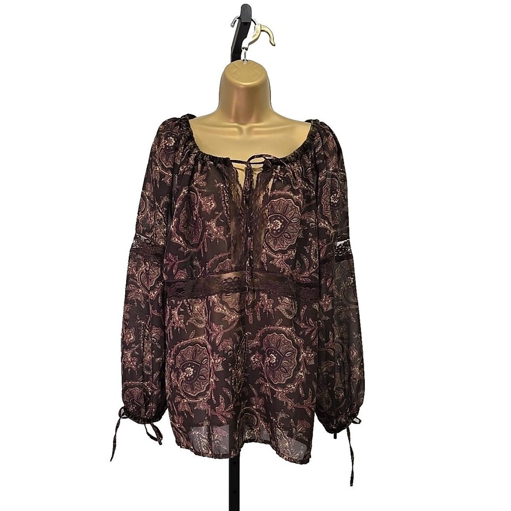 Brown Paisley Top Womens 2X Sheer Ethereal Velvet Trim Boho Fairy Grunge Hippie